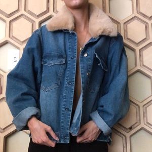 Oversized Fur Denim Detailed Jacket Coat